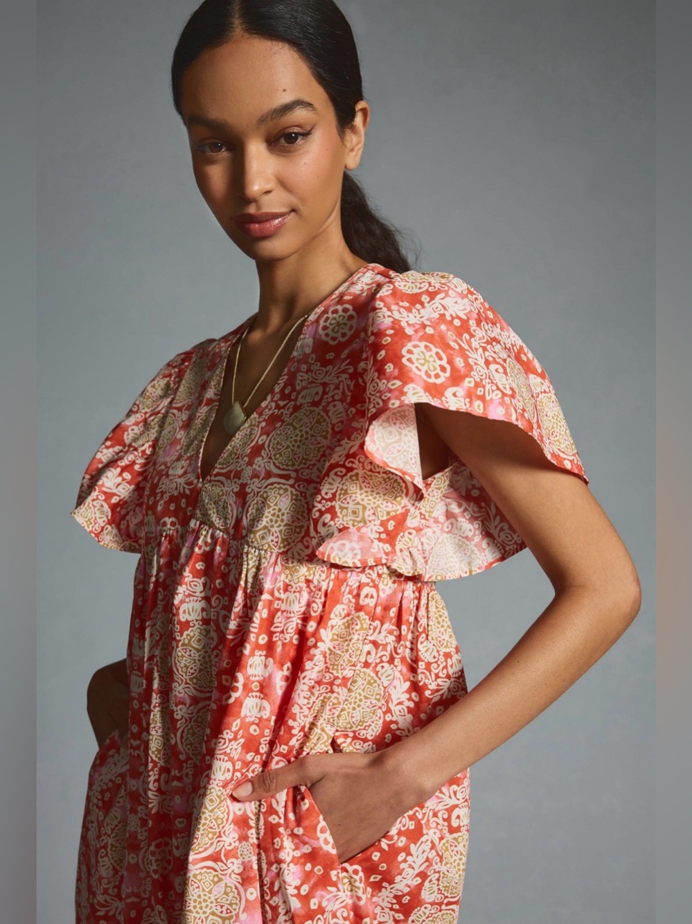 Anthropologie Printed Flutter-Sleeve Babydoll Dress - Picture 3 of 5